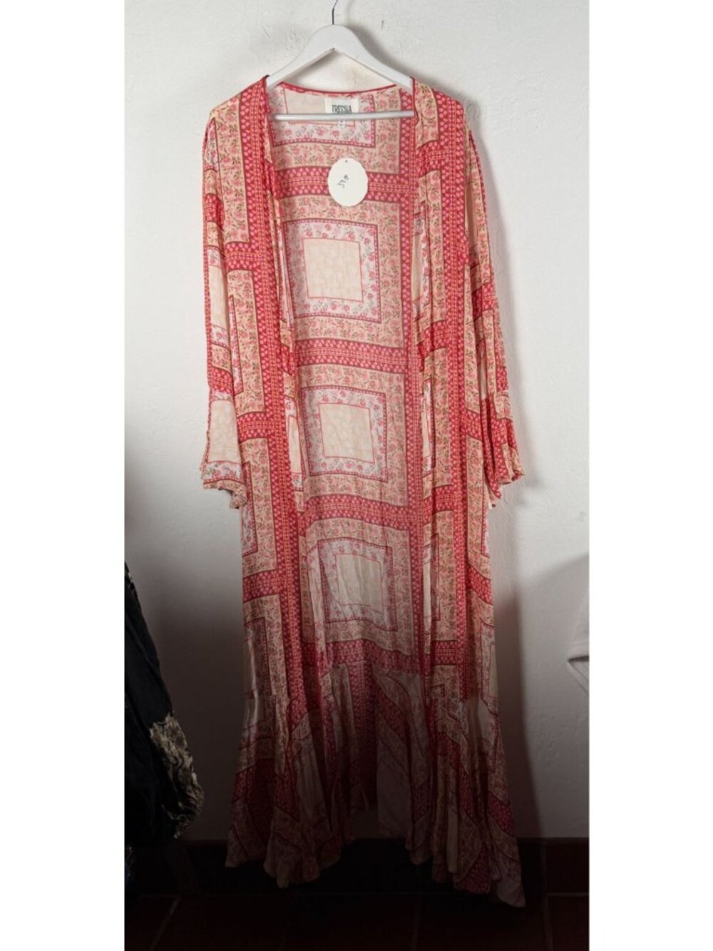 Freesia Women's Long Kimono Duster Floral Patchwork Boho Open Front Medium New